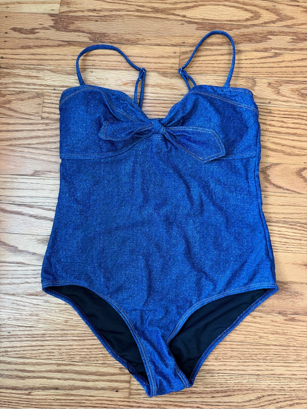 Denim Look One Piece Swimsuit Blue Bow Front Adjustable Straps Size M